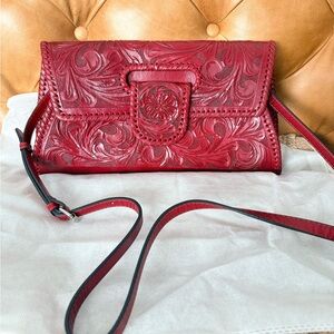Hand tooled leather clutch crossbody